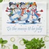 陽気に踊るユーモラスな雪だるまのクリスマス キッチンタオル (折り畳み)