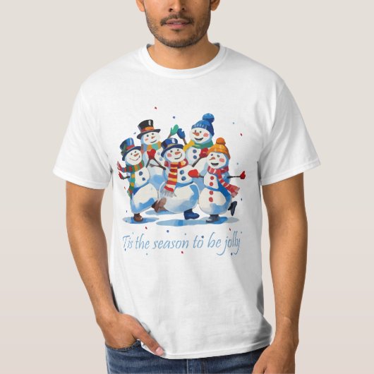 陽気に踊るユーモラスな雪だるまの季節 Tシャツ (正面)
