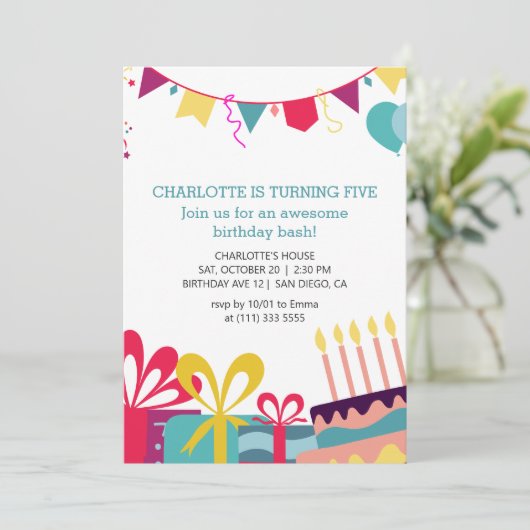 陽気カラフルパーソナライズされた誕生会 招待状 (スタンド正面)
