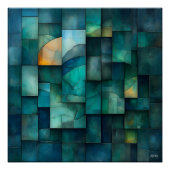 階層型ジオメトリ抽象芸術アート – ティール（緑がかった色）と青 ポスター (正面)