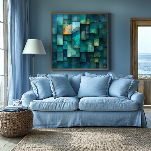 階層型ジオメトリ抽象芸術アート – ティール（緑がかった色）と青 ポスター