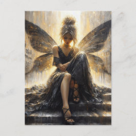 階段に座って黒いドレスを着た妖精 ポストカード
