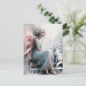 階段に白い猫がいる妖精 ポストカード (スタンド正面)