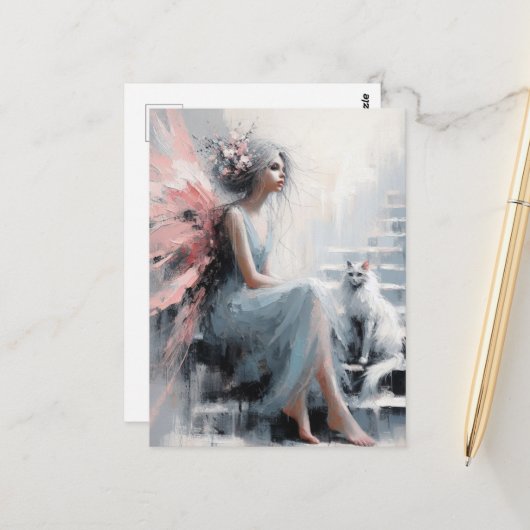 階段に白い猫がいる妖精 ポストカード (正面/裏面インサイチュ)