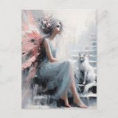 階段に白い猫がいる妖精 ポストカード (正面)