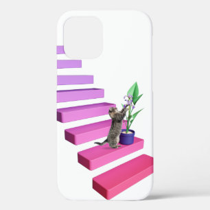 階段のタビー猫と植物 iPhone 12ケース