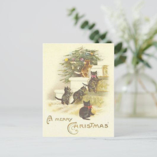 階段メリークリスマスの郵便はがきのヴィンテージ猫 シーズンポストカード (スタンド正面)