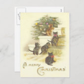 階段メリークリスマスの郵便はがきのヴィンテージ猫 シーズンポストカード (正面/裏面)
