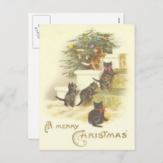 階段メリークリスマスの郵便はがきのヴィンテージ猫 シーズンポストカード (正面/裏面)