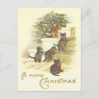 階段メリークリスマスの郵便はがきのヴィンテージ猫 シーズンポストカード