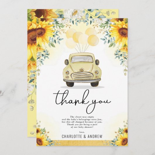 隔離ベビーシャワーによる新鮮なひまわりのドライブ サンキューカード (正面/裏面)