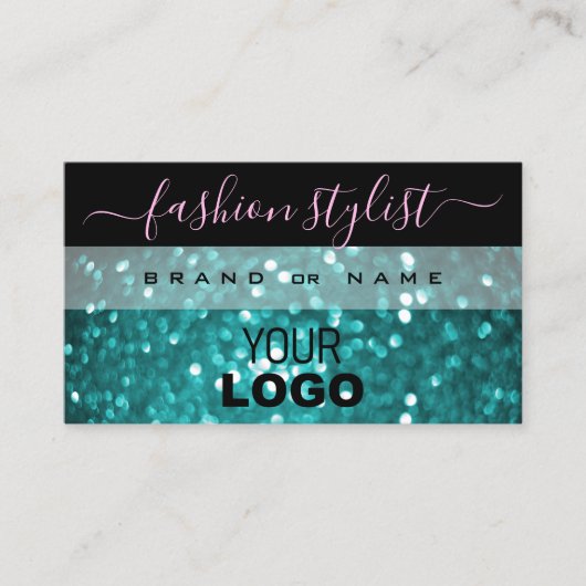 際立ったブラックティール（緑がかった色）きらめくグリッター（ロゴ付き） 名刺 (正面)