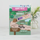 障害物コースバースデーパーティードベンチャーパークピンク 招待状 (スタンド正面)