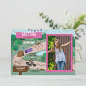 障害物コース誕生日フォトアドベンチャーパークピンク 招待状 (スタンド正面)