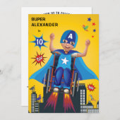 障害者おもしろい誕生日飛んでいるスーパーヒーロー車いす 招待状 (正面/裏面)