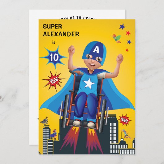 障害者おもしろい誕生日飛んでいるスーパーヒーロー車いす 招待状 (正面/裏面)