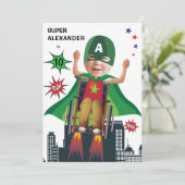 障害者スーパーヒーロー誕生日おもしろい車飛んでいるイス 招待状 (スタンド正面)