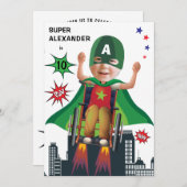 障害者スーパーヒーロー誕生日おもしろい車飛んでいるイス 招待状 (正面/裏面)