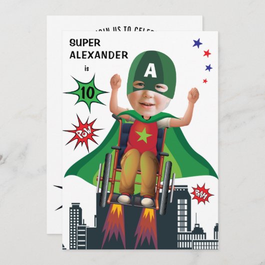 障害者スーパーヒーロー誕生日おもしろい車飛んでいるイス 招待状 (正面/裏面)