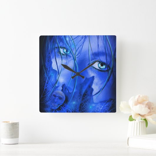 隠された恐怖ブルーガールとスカル スクエア壁時計 (ホーム)