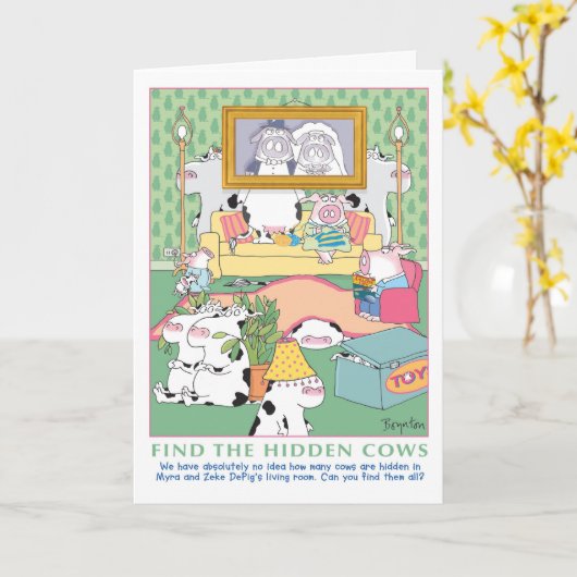 隠された牛を見つける誕生日 カード (黄色い花)