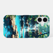 隠れたアニメの夏のジャングルの滝 iPhone 16ケース (裏面横)
