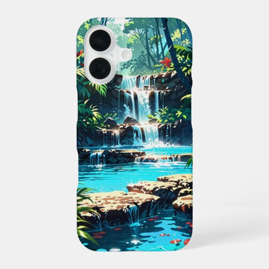 隠れたアニメの夏のジャングルの滝 iPhone 16ケース (裏面)
