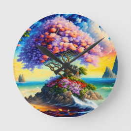 隠れた島の海 ラウンド壁時計