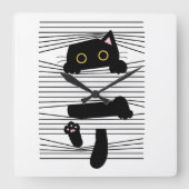 隠れた黒猫 かわいい面白いミニマリスト動物愛 スクエア壁時計 (正面)