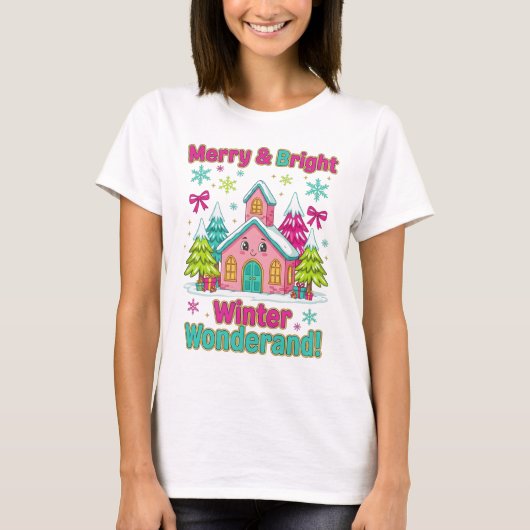 "隠れ家のようなコテージのクリスマスシーン" Tシャツ (正面)