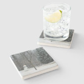 隣人の雪だるま冬の雪景色 ストーンコースター (横)