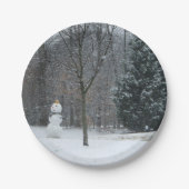 隣人の雪だるま冬の雪景色 ペーパープレート (正面)