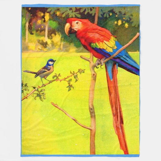 雀とオウムのプリント フリースブランケット (正面)