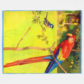 雀とオウムのプリント フリースブランケット (正面(横))