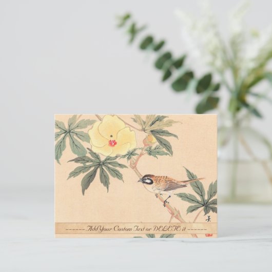 雀とハイビスカスけいぶんまつもつ鳥の花 ポストカード (スタンド正面)