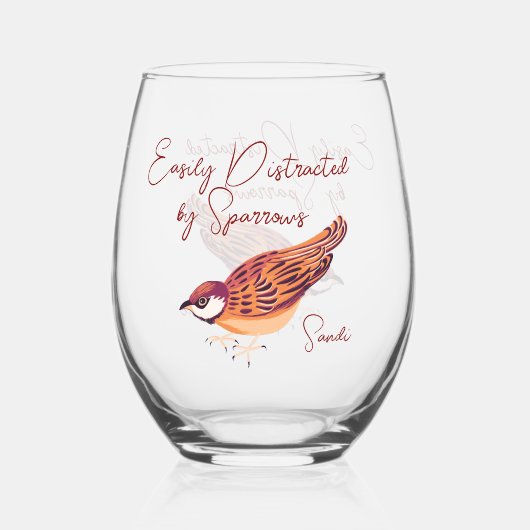 雀に簡単に気を取られパーソナライズされたる ステムなしワイングラス (裏面)