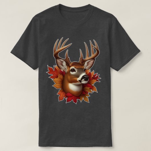 雄ジカと紅葉の落ち葉 野生の風景 Tシャツ (デザイン正面)