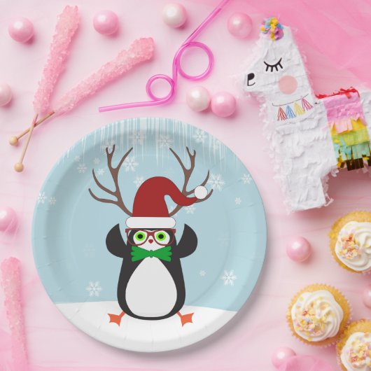 〔雄ジカの〕枝角おもしろい付きヒップスター・クリスマスペンギン ペーパープレート (パーティー)