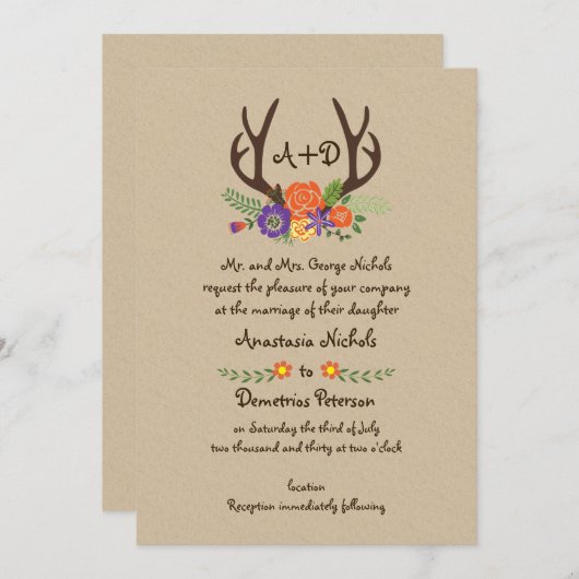 〔雄ジカの〕枝角とオレンジ色の花モノグラム結婚ウッドランド 招待状 (正面/裏面)