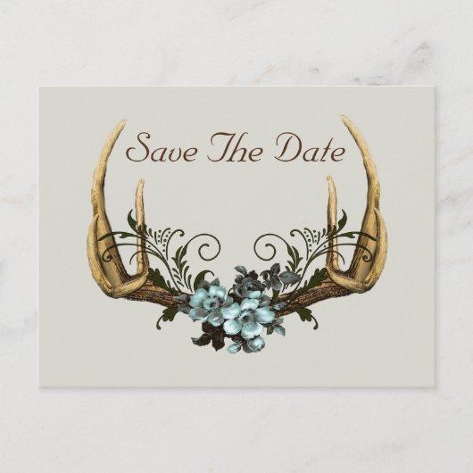 〔雄ジカの〕枝角とバラ日付の保存 ポストカード (正面)