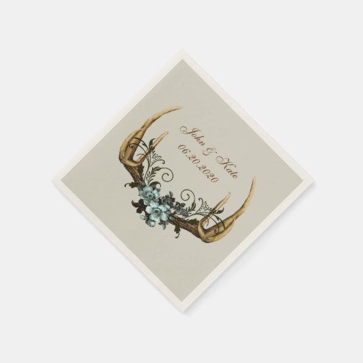 〔雄ジカの〕枝角とバラ結婚ズのナプキン スタンダードカクテルナプキン (角)