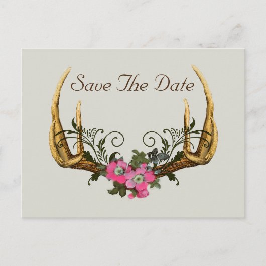 〔雄ジカの〕枝角とピンクロースの日付を保存 ポストカード (正面)