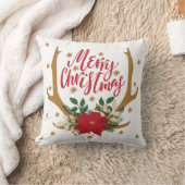 〔雄ジカの〕枝角とポインセチア赤と金ゴールドクリスマス クッション (ブランケット)