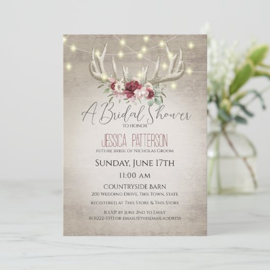〔雄ジカの〕枝角とライトのフローラブライダルシャワー 招待状 (スタンド正面)