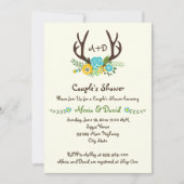 〔雄ジカの〕枝角と花モノグラム結婚のカップルのシャワー 招待状 (正面)