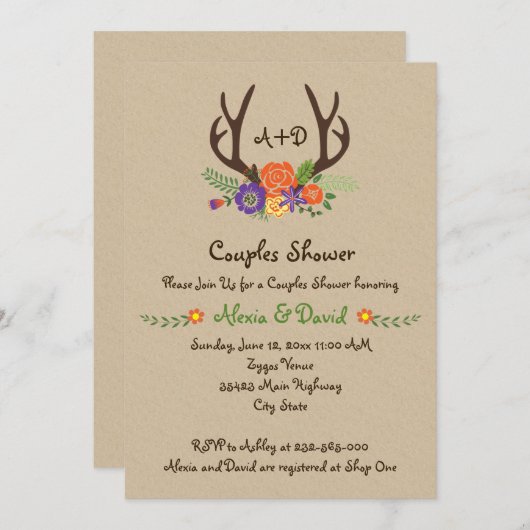 〔雄ジカの〕枝角と花モノグラム結婚のカップルのシャワー 招待状 (正面/裏面)
