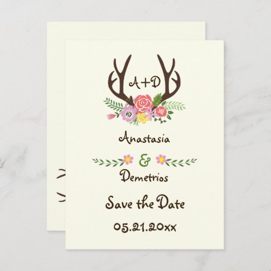 〔雄ジカの〕枝角と花モノグラム結婚式日付を保存 案内ポストカード (正面/裏面)