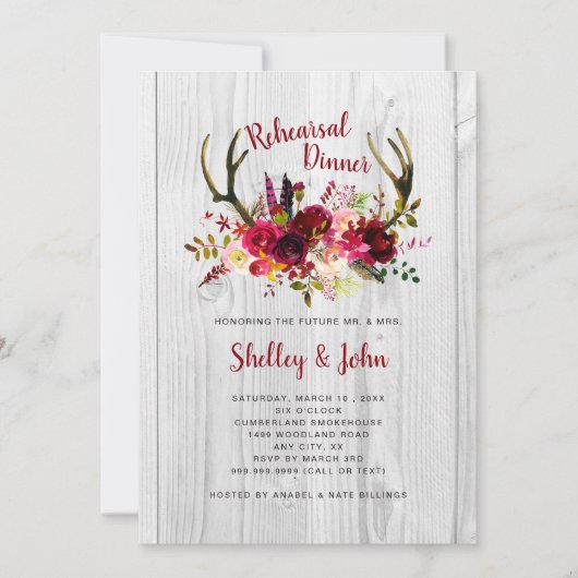 (雄ジカの)枝角のバーガンディの花のリハーサルの夕食の招待 招待状 (正面)