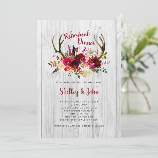 (雄ジカの)枝角のバーガンディの花のリハーサルの夕食の招待 招待状 (スタンド正面)