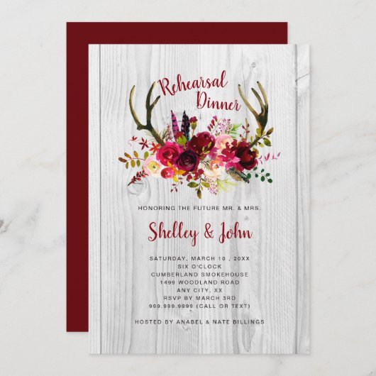 (雄ジカの)枝角のバーガンディの花のリハーサルの夕食の招待 招待状 (正面/裏面)